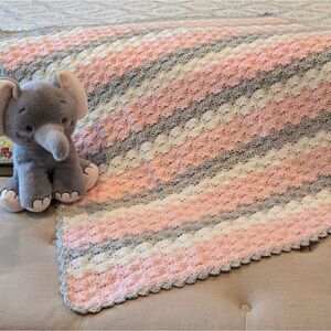 NEW Crochet Baby Blanket in Pink, Gray, and White HANDMADE BY SELLER 36 X 35 In